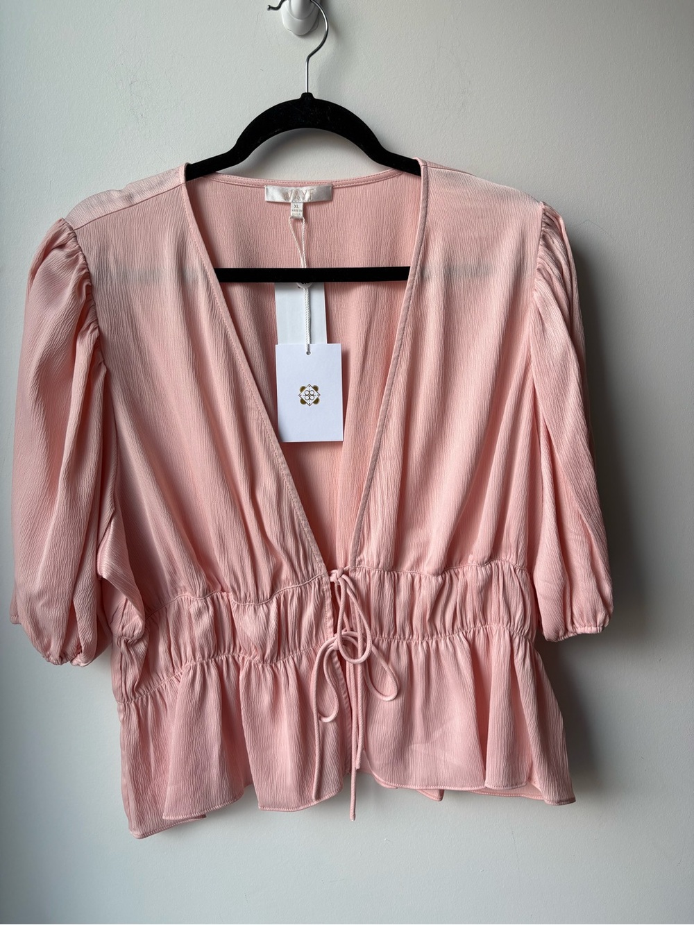 Wayf Blush Pink puff-sleeve tie-front peplum blouse